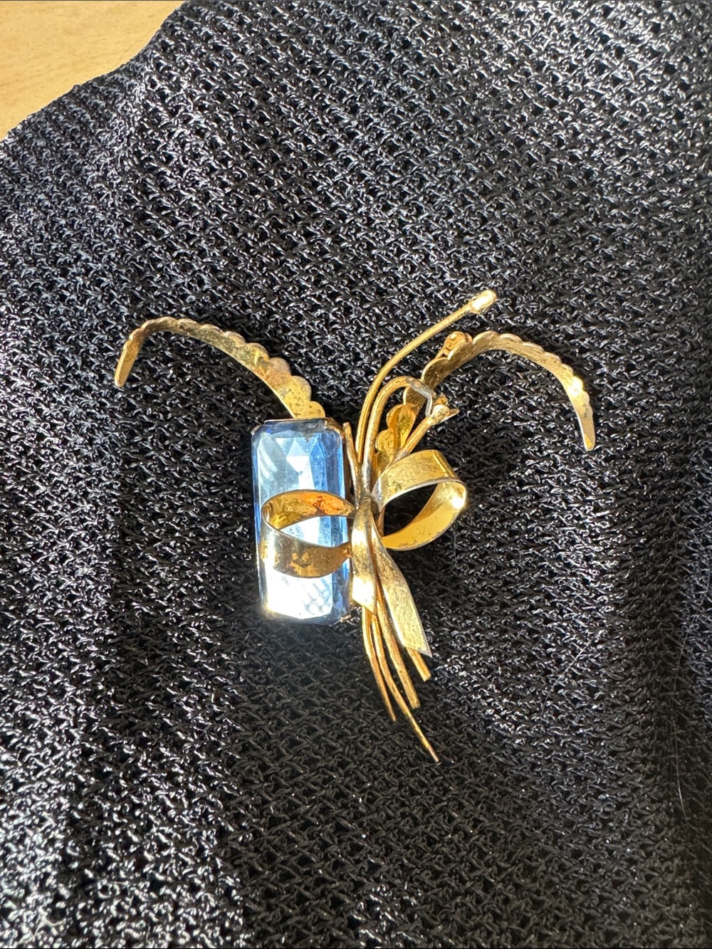 Gold-Tone Floral Brooch with Blue Rectangular Stone
